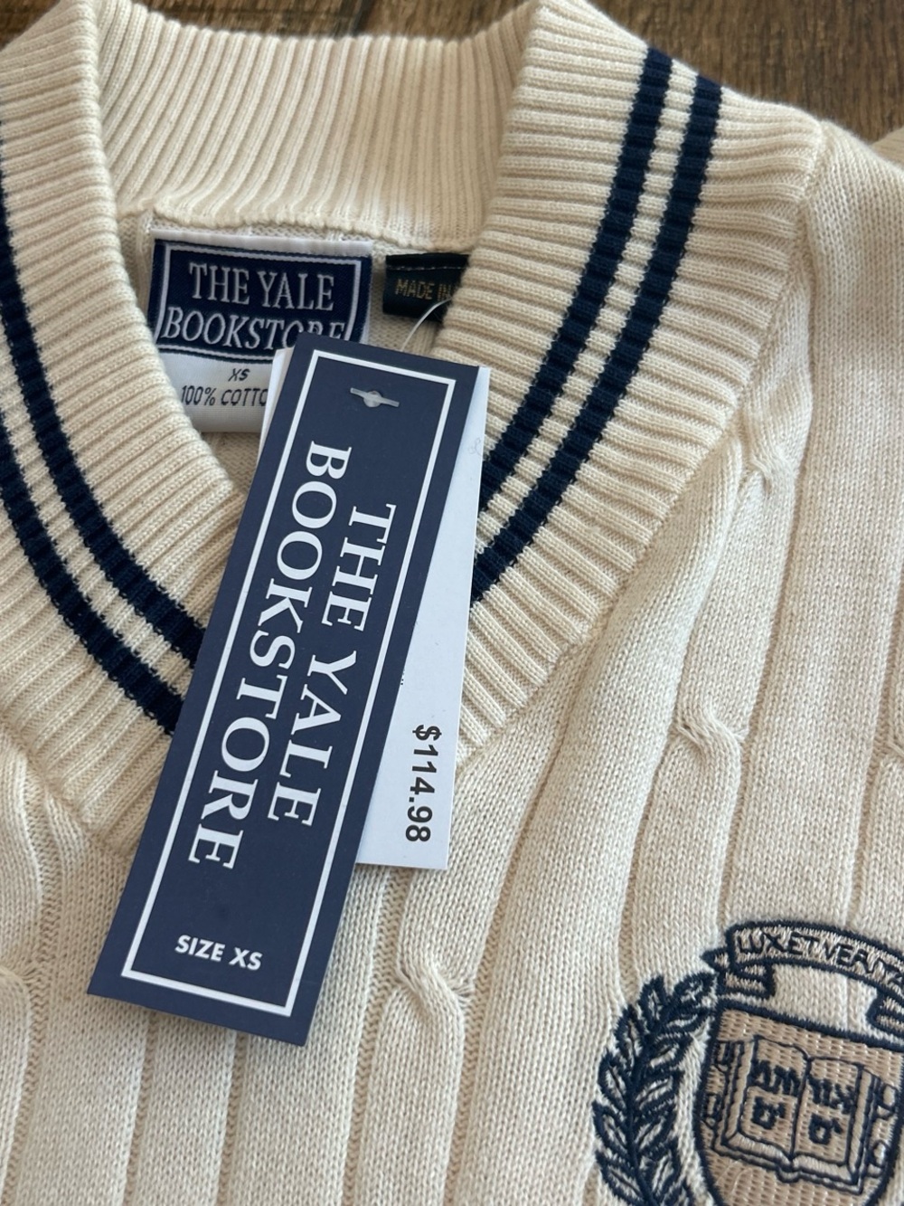 Women's Yale university Cream V-Neck Cable Sweater with Navy Trim - Picture 2 of 3